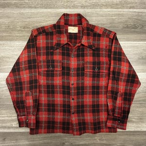 True Vintage Flannel Shirt Mens Large Red Plaid Wool Shacket 50s 60s Made in USA