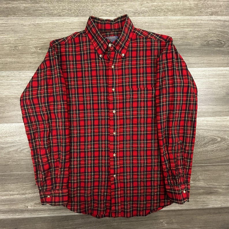 Vintage 60s Pendleton Flannel Lodge Shirt Mens Medium Red Plaid Wool Button USA image 1