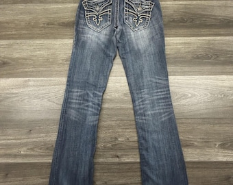 Rock Revival Jeans para mujer, talla 28x32, modelo Christina Boot, mezclilla lavada media, estilo desgastado Y2K
