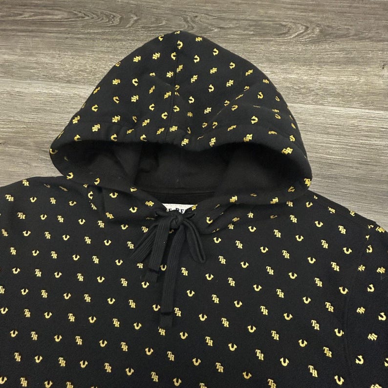 True Religion Hoodie Mens Large Black Fleece All Over Print Horseshoe Logo Y2K image 5