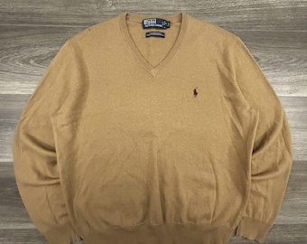 Vintage Polo Ralph Lauren Sweater Mens Large Camel Tan Merino Wool V Neck 90s