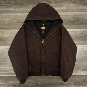 Browning Workwear Jacket Mens XL Brown Hooded Canvas Mocha Quilted 90s image 1