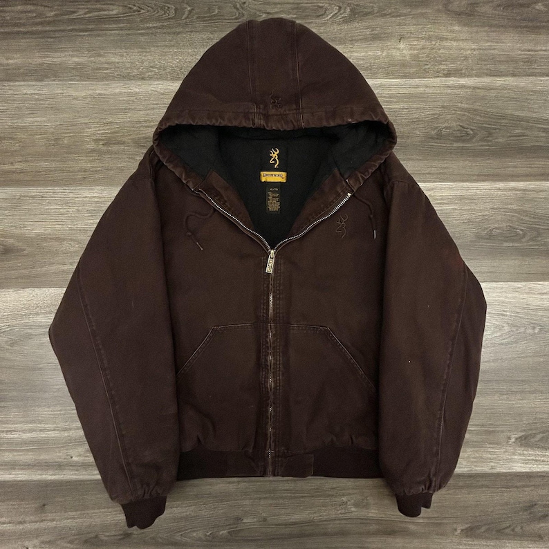 Browning Workwear Jacket Mens XL Brown Hooded Canvas Mocha Quilted 90s image 1