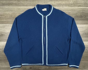Cardigan vintage anni '60 Sears in lana, taglia L da adulto, blu, con cerniera intera, lavorato a maglia, Talon USA