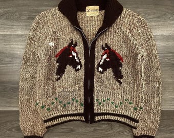 True Vintage 50s Caldwell Sweater Mens Large Horse Wool Western Cowichan Canada