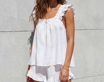 Cotton Linen Loungewear Set | Ruffle Trim Sleeveless Top & Shorts | Summer Pajama Set for Women