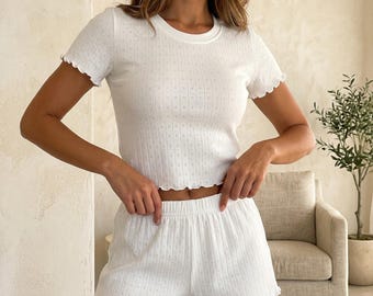 Conjunto de pijama de canalé para mujer: pijama con borde ondulado, pijama de manga corta, conjunto de dos piezas para estar en casa.