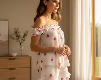 Conjunto de pijama de algodón con estampado de corazones: ropa de estar por casa con volantes, ropa de dormir de verano.
