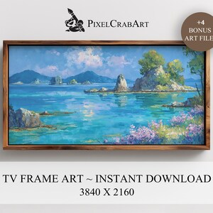 Könnte beinhalten: Gerahmtes Landschaftsgemälde einer ruhigen Meereslandschaft mit türkisfarbenem Wasser, Inseln und Bergen unter blauem Himmel. Das Kunstwerk befindet sich in einem Holzrahmen. Der Text auf dem Bild lautet "TV FRAME ART ~ INSTANT DOWNLOAD" und "+4 BONUS ART FILES".