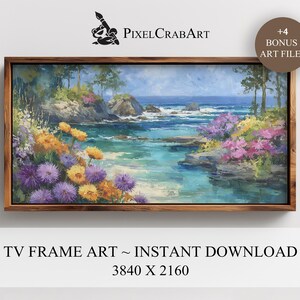 May include: A framed landscape painting of a coastal scene with turquoise water, colorful flowers, and a blue sky. The artwork is in a wooden frame and includes the text "TV FRAME ART ~ INSTANT DOWNLOAD 3840 X 2160".