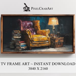 May include: A framed digital art print depicts a cozy reading nook. A yellow armchair with a tufted burgundy back sits beside a stack of books and a lit lamp on a small trunk. The artwork is labeled "TV FRAME ART ~ INSTANT DOWNLOAD".