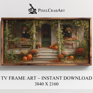 May include: A rectangular wall art print featuring a wooden frame displaying a porch scene with pumpkins, autumn flowers, and climbing vines. The text PIXELCRABART appears at the top, and the text TV FRAME ART ~ INSTANT DOWNLOAD 3840 X 2160 appears below.