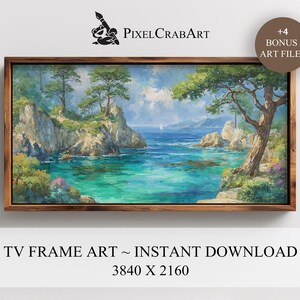 May include: A framed landscape painting depicts a coastal scene with turquoise water, rocky cliffs, and trees. The artwork is in a dark wooden frame. Text on the image reads "TV FRAME ART ~ INSTANT DOWNLOAD" and "+4 BONUS ART FILES".