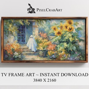 Cute Ghost at a Cottage Door  Samsung Frame TV Art —  Summerween Sunflower Garden Steps Wall Art, Summer Coastal Vintage Oil Painting
