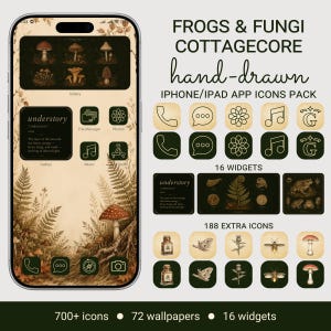 Könnte beinhalten: Ein digitales App-Icon- und Widget-Paket mit dem Titel FROGS & FUNGI COTTAGECORE hand-drawn IPHONE/IPAD APP ICONS PACK. Das Set enthält über 700 Icons, 72 Hintergrundbilder und 16 Widgets mit botanischen, Pilz- und Frosch-Illustrationen.