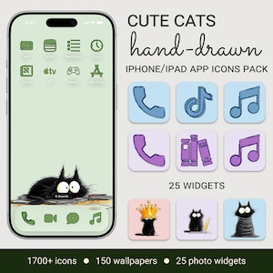May include: A digital app icon pack for iPhone and iPad featuring hand-drawn cat illustrations. The set includes 1700+ icons, 150 wallpapers, and 25 photo widgets. Icons display various colors and themes, including black cats, musical notes, and phones.