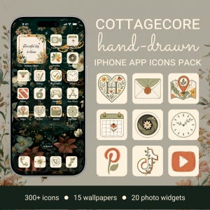 May include: A digital display of a smartphone screen showing a custom interface with hand-drawn botanical icons and a dark floral wallpaper. The text reads COTTAGECORE hand-drawn IPHONE APP ICONS PACK, 300+ icons, 15 wallpapers, 20 photo widgets.