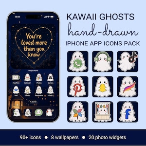 May include: A digital iPhone app icon pack featuring white ghost characters. The display shows a dark blue theme with a heart-shaped quote, You're loved more than you know. Includes 90+ icons, 8 wallpapers, and 20 photo widgets with various social media logos.