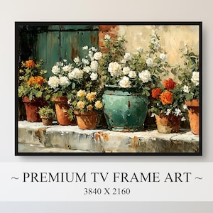Weiße Rosen Terrakotta Töpfe Samsung Rahmen TV Kunst — Mediterranes Cottage Frühling Stillleben 3D strukturiertes Ölgemälde, 4K digitaler Download