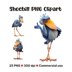 May include: Shoebill PNG Clipart featuring three cartoon illustrations of shoebill storks. The birds are depicted in various poses, with blue-grey feathers, large yellow beaks, and long legs. The text "Shoebill PNG Clipart" is at the top.