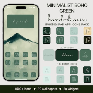 Minimalistisch boho groen handgetekend app-pictogrammenpakket, meer dan 1500 iPhone-, iPad-, iOS- en Android-pictogrammen, 4 kleurenthema's, 90 achtergronden en 20 widgets.