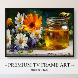 Arte para TV Samsung Frame com Abelha em Pote de Mel e Flores Silvestres — Pintura a Óleo Texturizada em 3D, Vibrante e Intimista, com Tema Botânico, Estilo Natureza Morta em Casa de Campo, Download Digital em 4K