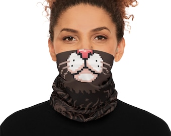 Curly Black Cat Face Neck Gaiter, Pixel Cat Nose Illusion Mask, Fluffy Fur Bandana