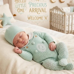 May include: A sleeping baby wearing a mint green knit outfit, including a hat and a romper with a circular embroidered design. The outfit has wooden buttons. The background includes a crib and wall art with the text "Hello Little One, Precious Arrival, Welcome A".