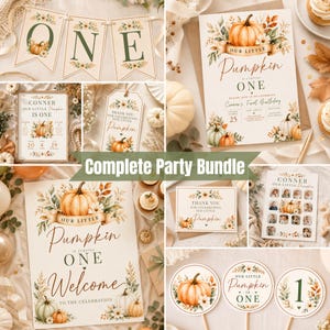 Può includere: Un set completo per feste di primo compleanno con illustrazioni di zucche e fiori. Include uno striscione con la scritta ONE, inviti, cartelli di benvenuto, etichette di ringraziamento e decorazioni circolari per cupcake.
