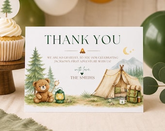 Plantilla de tarjeta de agradecimiento "One Happy Camper", agradecimiento por el primer cumpleaños con temática de campamento, editable en Canva, cumpleaños en el bosque (descarga digital)