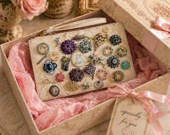 Clutch Bag, Vintage Brooch Collection handbag, Antique Jewelry collectors, Heirloom Treasure Gift