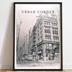 NYC Street Poster | New York Wall Art | Urban Corner Print | City Sketch | Minimalist Architecture | Black White Art | Taxi Cityscape