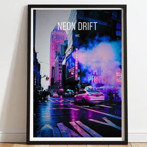 Póster de neón de la calle de Nueva York | Arte mural de taxi cyberpunk | Lámina de la noche neoyorquina | Paisaje urbano | Estética synthwave | Decoración con luces de neón