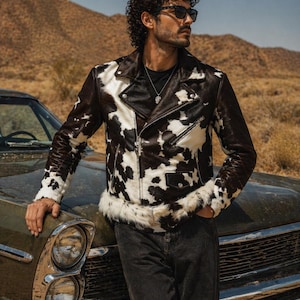 Men's Cowhide Leather Biker Jacket | Black White Hair-On Hide Moto Style