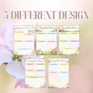 Op de afbeelding: Vijf verschillende ontwerpen van de Spring Reset Planner worden getoond, elk met een bloemenrand en pastelkleuren. De planners hebben secties voor doelen, intenties en activiteiten, met de tekst "Spring Reset Planner" bovenaan.