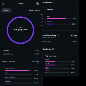 Könnte beinhalten: Ein dunkel gehaltenes Datenanalyse-Dashboard, das Einblicke in die Zielgruppe zeigt. Die Oberfläche zeigt Aufrufe, Geschlechterdemografie, Profilaktivität und die wichtigsten Altersgruppen. Die Vereinigten Staaten machen 91 % der Zielgruppe aus.