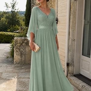 Elegante saliegroene maxi-jurk – Bruidsjurk voor gasten – Chique zwierige avondjurk – Luxe chiffon maxi-jurk