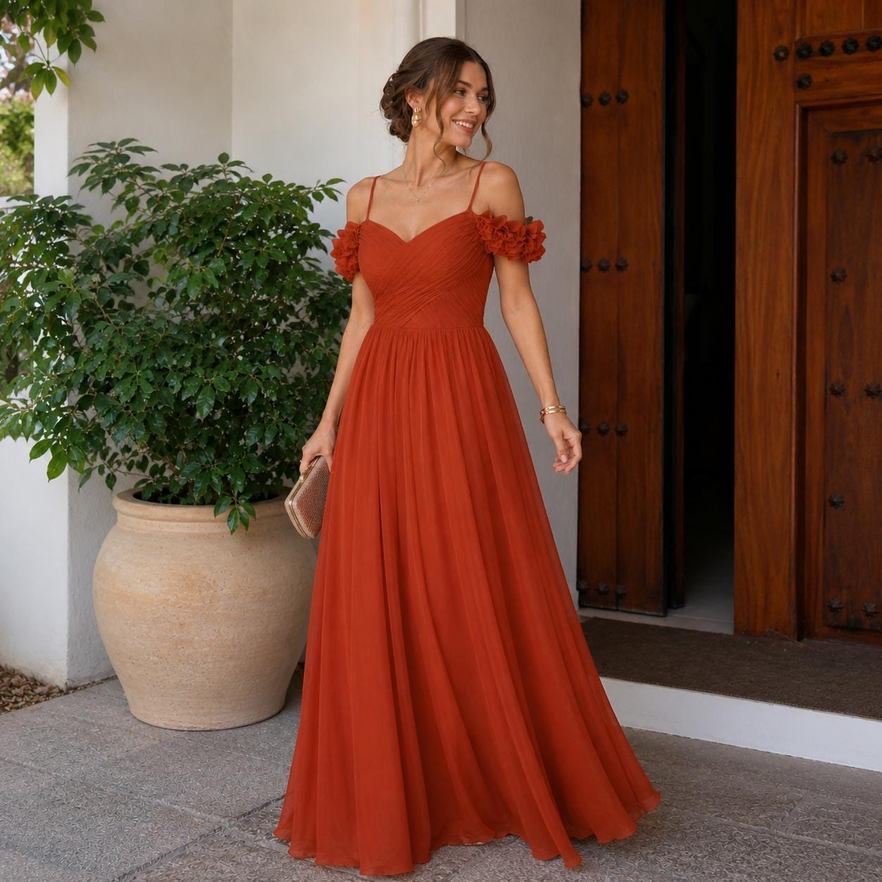 strapless open back dress 10 inch Wide Navy Blue & Burnt Orange Cascading Bridal Bouquet