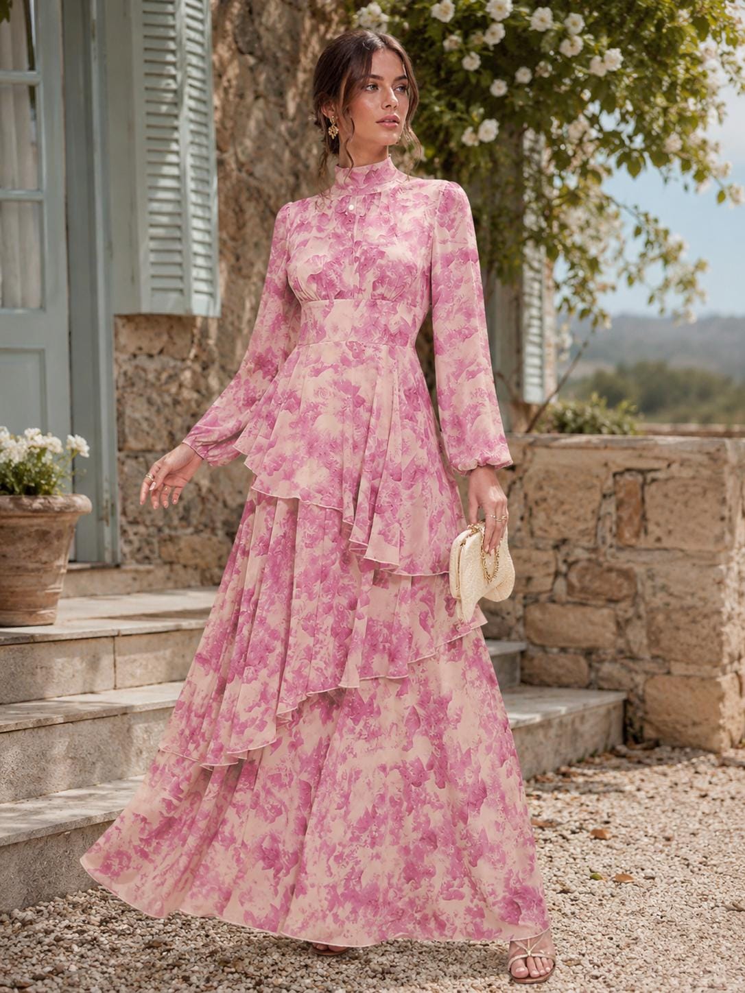 knee length dresses for ladies Floral Diamond Ruffle Gown – Multi main image 0