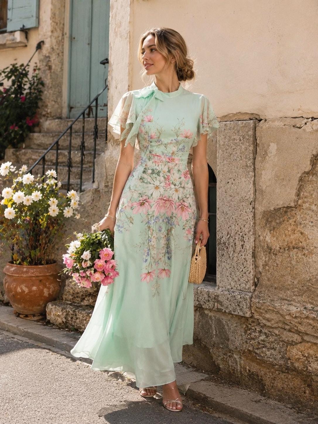 light green cottagecore dress Flowy Tulle Sage Green Cottagecore Dress With Sleeves main image 1