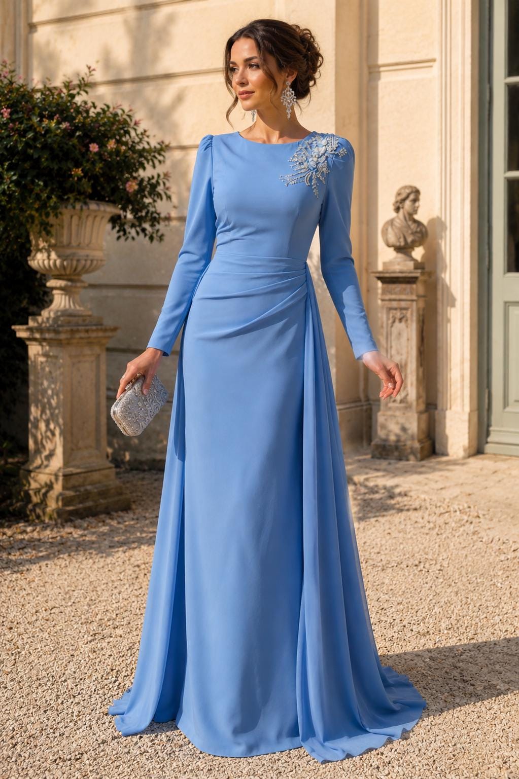 dusty blue guest wedding dress Berylove Women Dusty Blue Sheath Satin Bridesmaid Dress Cowl Neck Maxi Wedding Party Guest Dress with Slit, Dusty Blue / US6 main image 1