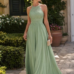 Robe Longue Vert Sauge Élégante Femme – Robe Demoiselle d’Honneur, Robe Soirée Chic, Robe Mariage Fluide, Robe Cocktail Maxi Bohème Luxe