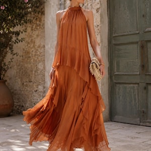Vestido Largo Terracota Mujer, Vestido Invitada Boda Boho Chic, Vestido Maxi Fluido Elegante con Volantes, Vestido Halter Verano