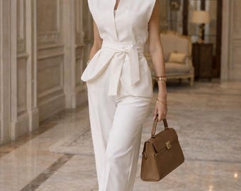 Elegante conjunto blanco para mujer: conjunto chic de top y pantalón, atuendo minimalista de lujo, conjunto de 2 piezas para la oficina, boda o ceremonia civil.