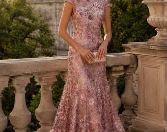 Robe Dentelle Florale Rose Femme – Robe Élégante Midi Luxe, Robe Invitée Mariage, Robe Cocktail Romantique, Robe Cérémonie Brodée Chic
