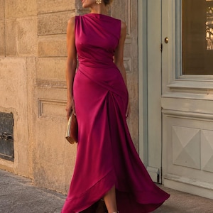 Vestido Largo Satinado Elegante Mujer, Vestido Asimétrico para Invitada de Boda, Vestido Glamour de Fiesta, Vestido Dama de Honor