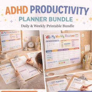 ADHD Productivity Planner Bundle | Daily, Weekly, Habit Tracker (Digital Download)