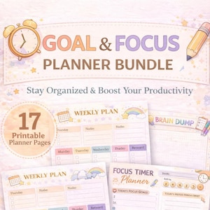 Puede incluir: Un paquete de planificador con 17 páginas imprimibles, con secciones de plan semanal, temporizador de enfoque y lluvia de ideas. El diseño incluye un lápiz, un despertador y una taza de café. El texto dice "Goal & Focus Planner Bundle."