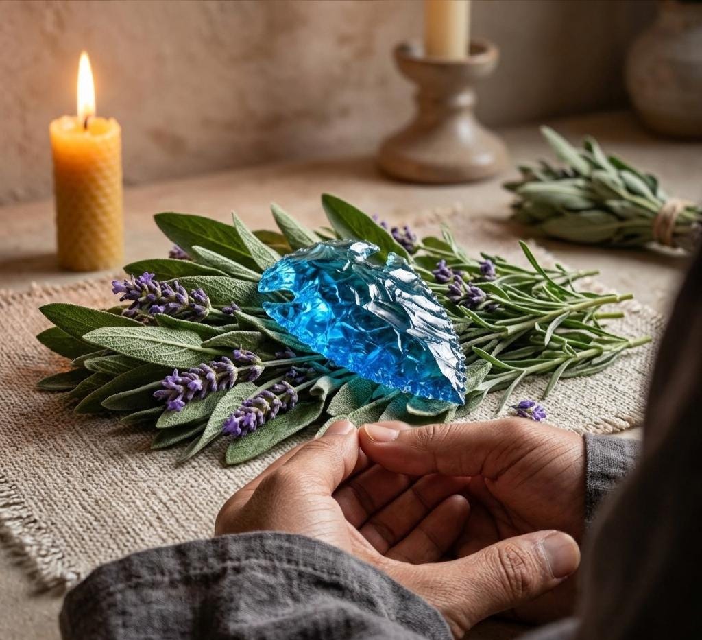Aqua Blue Obsidian Arrowhead, Hand-knapped Crystal Decor, 6-inch
