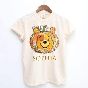 Comfort Colors Pumpkin Pooh Shirt Cute Fall Patchwork Graphic Tee Vintage Autumn Character Custom Name Top
